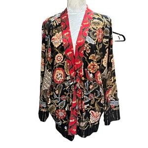 Carol Little Sz 4P Vintage Duster Tie Waist Pockets Asian Inspired Floral Print
